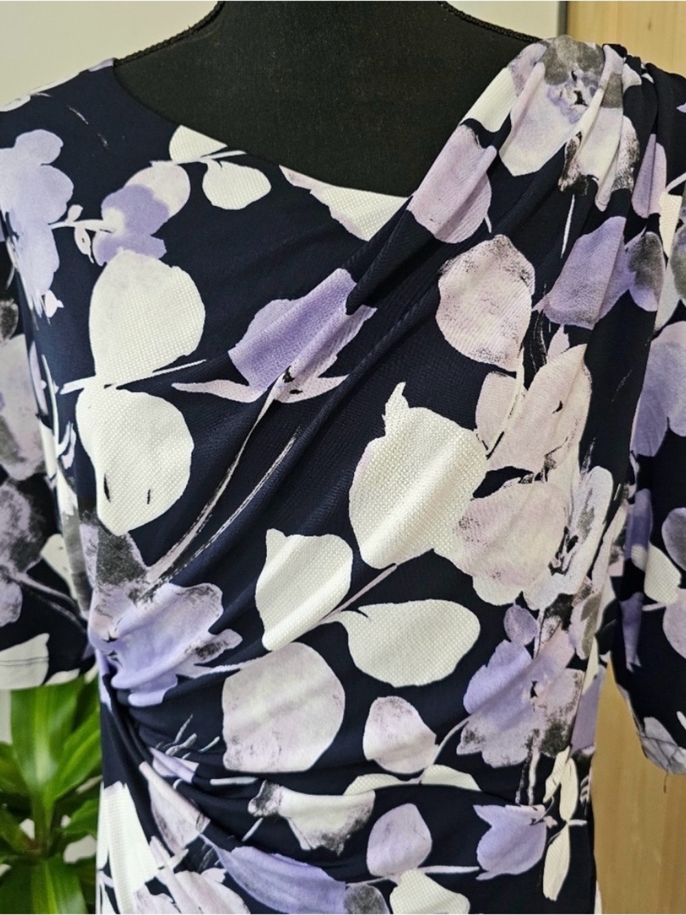 CONNECTED APPAREL Navy with Lavender Abstract Floral Design with Side Gather - Picture 2 of 8
